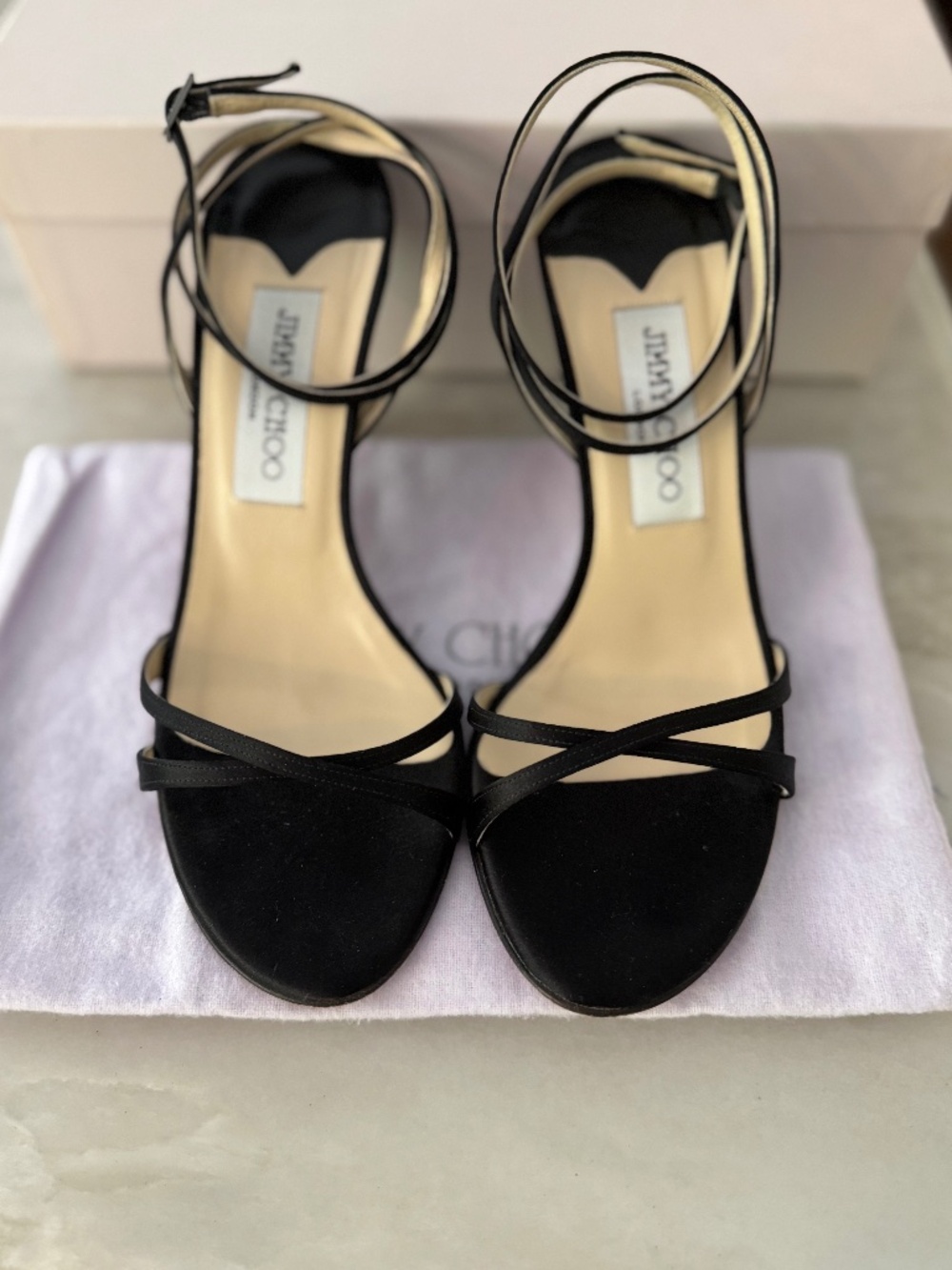 Vintage Jimmy Choo Juliet Satin Strappy Sandal in Black. Size 36.5